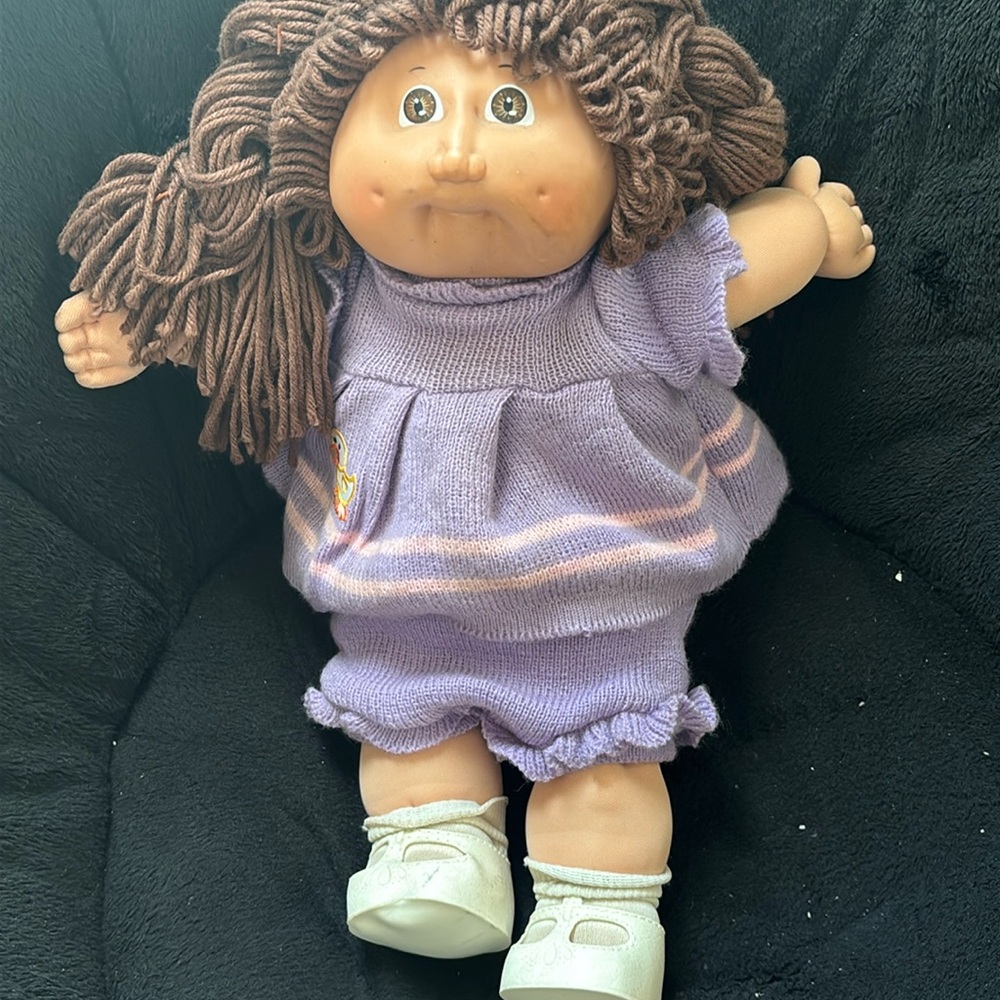 Vintage Cabbage Patch Kids 1978 Brown Hair Purple Sweater Dress Girl Doll
